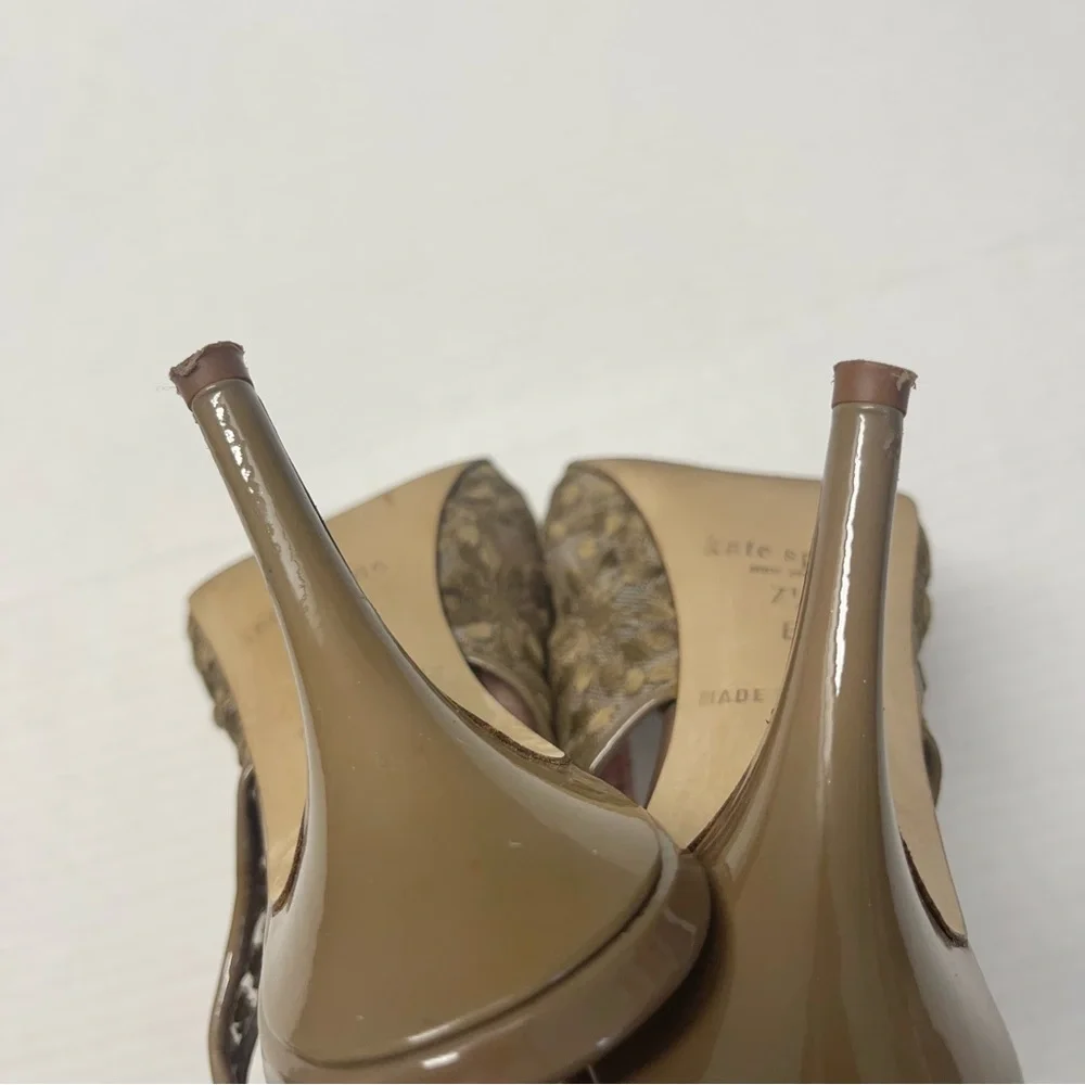 Kate Spade Daisy Mesh Patent Bow Heeled Shoes Open Toe Taupe Sz 7.5